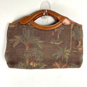 VTG Tommy Bahama Tropical Palm Tree Tapestry Leather Trim Satchel Handbag Brown